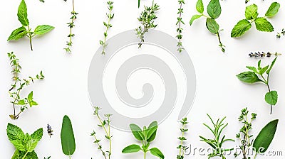 Generative AI Rosemary mint lavender marjoram sage lemon balm and thyme layout Creative frame with fresh herbs on Stock Photo