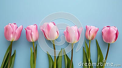 Row_of_several_tender_pink_tulips_on_blue_background_2 Stock Photo