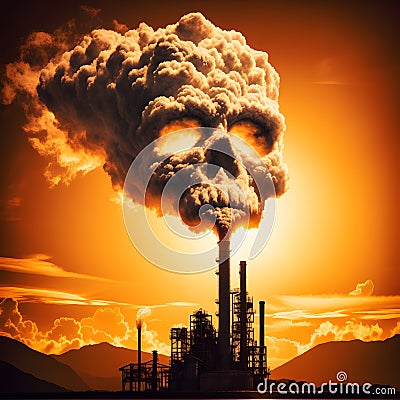 Generative AI rusty industrial factory chimney emitting skull shaped smoke Stock Photo