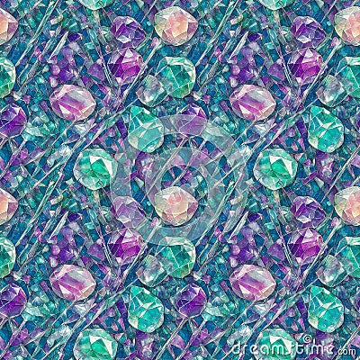 Generative ai. Scattering colorful of pebbles, crystals, of artificial jewelry. Seamless texture Cartoon Illustration