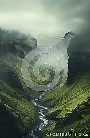 Generative AI, scenic green hills in the clouds, beautiful nature landscape aerial panorama, mountains Stock Photo