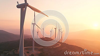 Generative AI Selective focus on wind farm. Wind energy. Wind power. Sustainable, renewable energy. Wind turbines Stock Photo