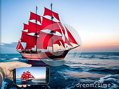 Generative AI. Shooting on a smartphone of an old ship with scarlet sails Stock Photo