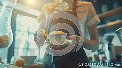 Generative AI small business people and service concept woman or waiter in apron with holder and tamper preparing Stock Photo