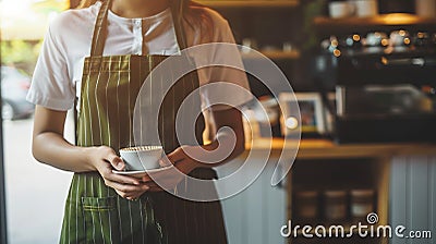 Generative AI small business people and service concept woman or waiter in apron with holder and tamper preparing Stock Photo