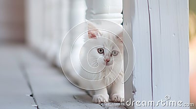 Generative AI Small curious cute white fluffy kitten looks out from behind white columns on porch of house busines Stock Photo
