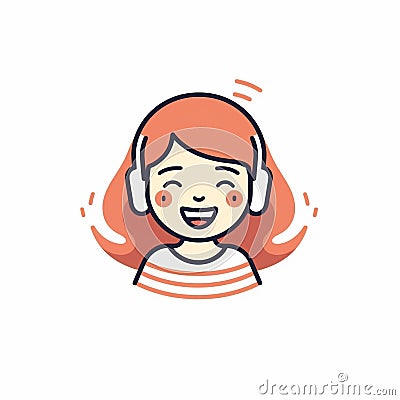 Generative AI Small ginger girl cuddles herself laughs and has fun listens music in stereo headphones wears stripe Stock Photo