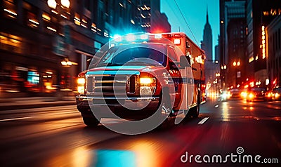 Speeding ambulance on urgent city mission, with lights flashing and siren blaring, rushes through downtown to save lives in a Stock Photo