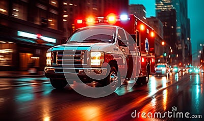 Speeding ambulance on urgent city mission, with lights flashing and siren blaring, rushes through downtown to save lives in a Stock Photo