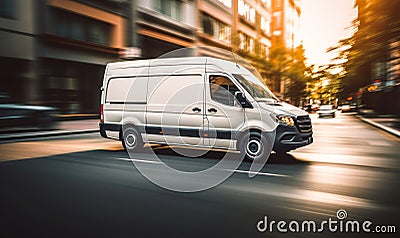 Speeding White Delivery Van in Urban Setting Captures the Fast-Paced Nature of City Logistics and E-commerce Delivery Services Stock Photo