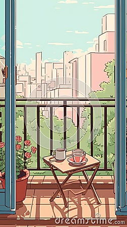 Generative AI Spring window with view- Cartoon Illustration