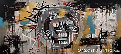 Generative AI, street graffiti abstract art with ugly face on a textured wall vintage background Stock Photo
