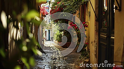 Generative AI Street view in Plaka district of Athens business concept. Stock Photo