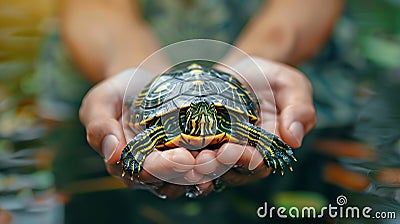 Generative AI Strong male hands gently holding turtle The attachment to the pet Closeup Turtles day business conce Stock Photo