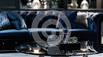 Generative AI Stylish and elegant details in the glamour living room interior Black coffee table and creative pers Stock Photo