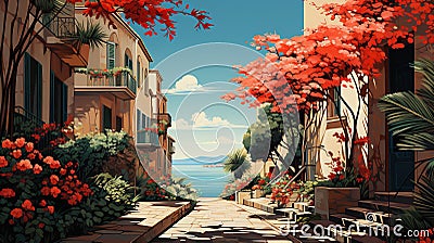 Generative AI, summer cityscape of Italy flat illustration. Beautiful view Cartoon Illustration