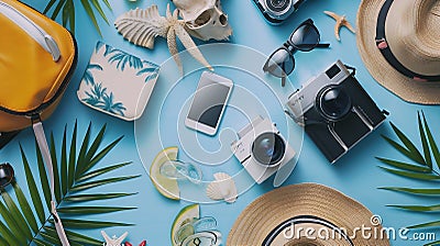 Generative AI Summer vacation things neatly organised Travel concept Flat lay business concept. Stock Photo