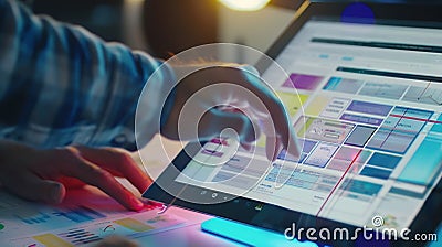 Generative AI Tablet office research and happy man typing UX web design app wireframe development or monitor onlin Stock Photo