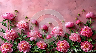 Generative AI Tender peonies on pink background with copy space. Abstract natural floral frame layout with text sp Stock Photo