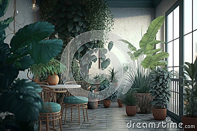 Generative AI of a terrace with plants in a modern house, selective focus Stock Photo