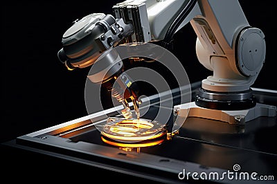 Generative ai on theme of beautiful robot inserts microchip for design natural abstract background Stock Photo