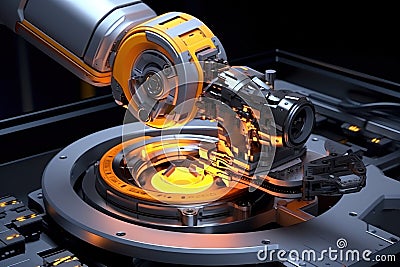 Generative ai on theme of beautiful robot inserts microchip for design natural abstract background Stock Photo