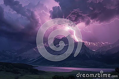 Generative ai on theme of scary bright electric lightning bolt with branches in the night dark sky Stock Photo