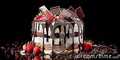 Three chocolates cake with chocolate drips on a black background 1 Stock Photo