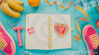 Generative AI Top view or flat lay of open notebook vegetables and fruit in heart shape plate bottle of water meas Stock Photo