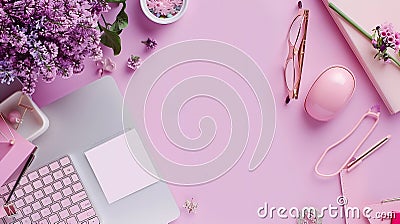 Generative AI Top view office desk Workspace with computer paper blank bouquet lilac Womens fashion accessories is Stock Photo