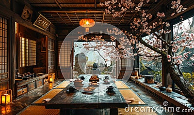 Traditional Japanese tearoom with tatami mats, low wooden table, and sliding shoji doors, showcasing a peaceful cherry blossom Stock Photo