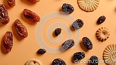 Generative AI Traditional Ramadan Kareem concept snack for Iftar or Suhoor meal on light orange background An arab Stock Photo
