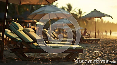 Generative AI Tropical sunny beach party at Sunset with Sun umbrellas and lounge chairs in GOA India business conc Stock Photo