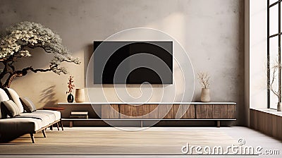 Generative AI, TV mock up in modern living room background. Stock Photo