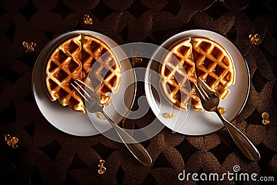 Two beautiful appetizing golden crispy waffles lie on 1690447838382 2 Stock Photo