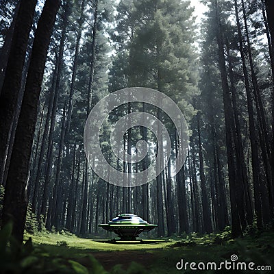 Generative AI UFO on ground in the forest Stock Photo