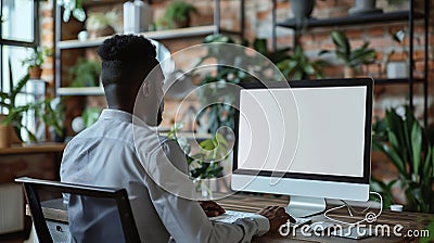 Generative AI Unrecognizable black businessman using computer with empty blank screen sitting at workplace in offi Stock Photo
