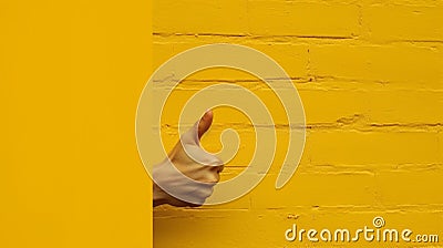 Generative AI Unrecognizable man shows like gesture through torn yellow wall keeps thumb up says you are best demo Stock Photo