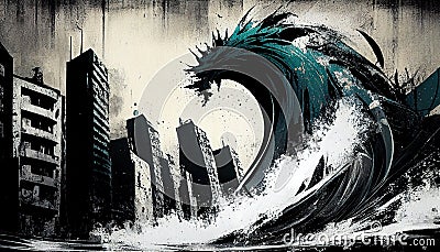 Generative AI, Urban Tsunami: A Dynamic Grunge Background of Bold Wave-like Shapes and Gritty Textures Stock Photo
