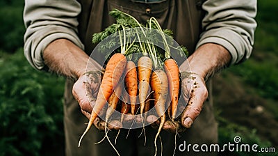 Generative AI, vegetables in the hands of a farmer in the garden, carrots from the ground Stock Photo