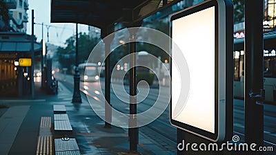 Generative AI Vertical billboard at a public transport stop. Tram station. Mock-up. business concept. Stock Photo