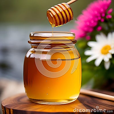 Generative AI. A viscous stream of honey flows into a jar Stock Photo