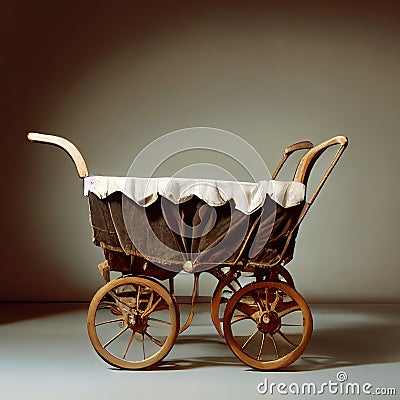 Generative AI: vitange baby carriage in a old background for children`s photo session Stock Photo