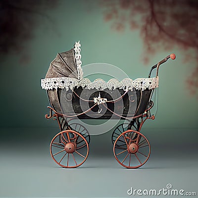 Generative AI: vitange baby carriage in a old background for children`s photo session Stock Photo
