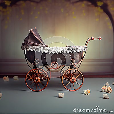 Generative AI: vitange baby carriage in a old background for children`s photo session Stock Photo