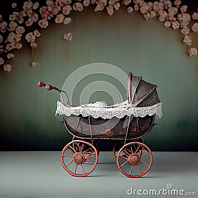 Generative AI: vitange baby carriage in a old background for children`s photo session Stock Photo