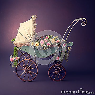 Generative AI: vitange baby carriage in a old background for children`s photo session Stock Photo