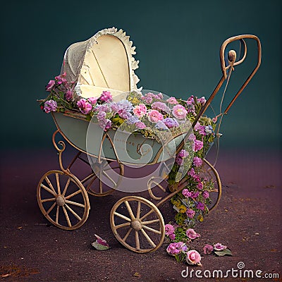 Generative AI: vitange baby carriage in a old background for children`s photo session Stock Photo