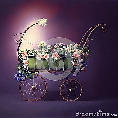 Generative AI: vitange baby carriage in a old background for children`s photo session Stock Photo