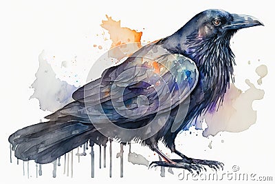 Generative AI. Watercolor illustration, raven from the family of corvids Cartoon Illustration